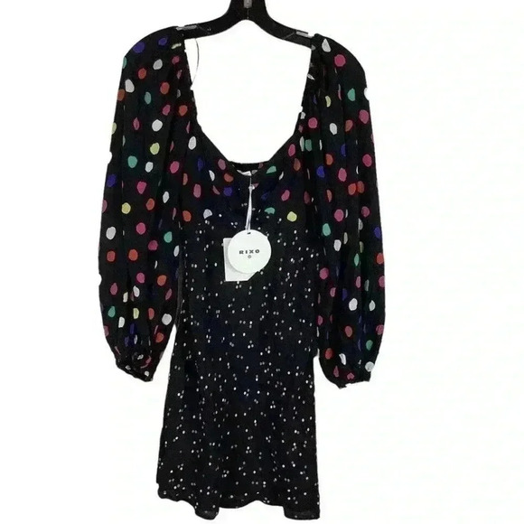 RIXO Polka Dot Long Sleeve Puff Swing Dress 2 Wedding Guest Rainbow Sweetheart - Picture 5 of 8